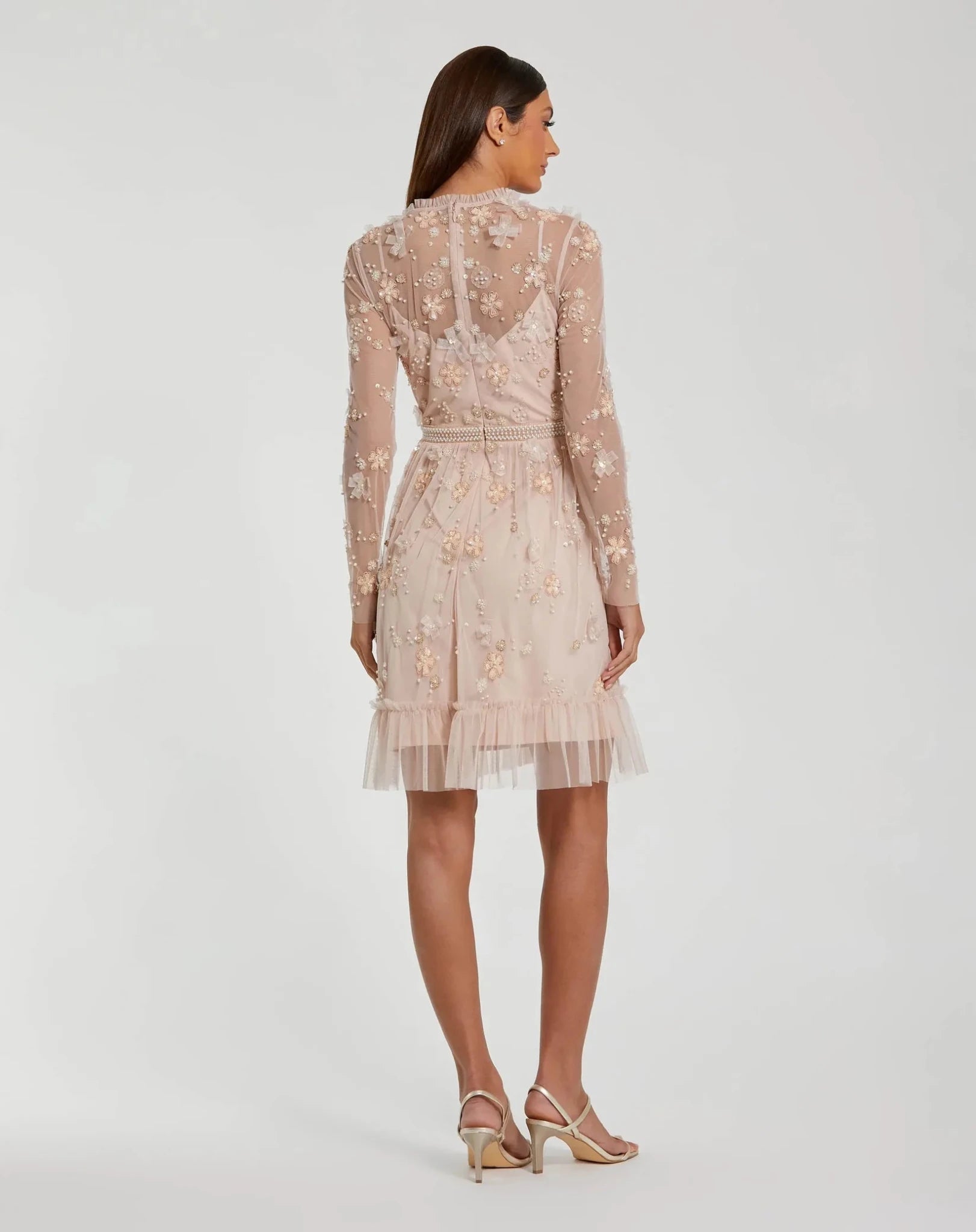 Blush Embellished Mesh Long Sleeve High Neck Mini Dress