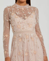 Blush Embellished Mesh Long Sleeve High Neck Mini Dress