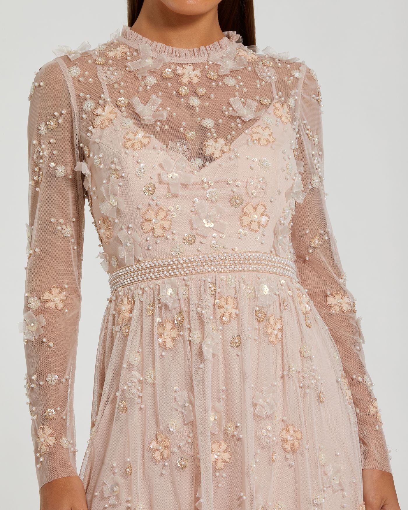 Blush Embellished Mesh Long Sleeve High Neck Mini Dress