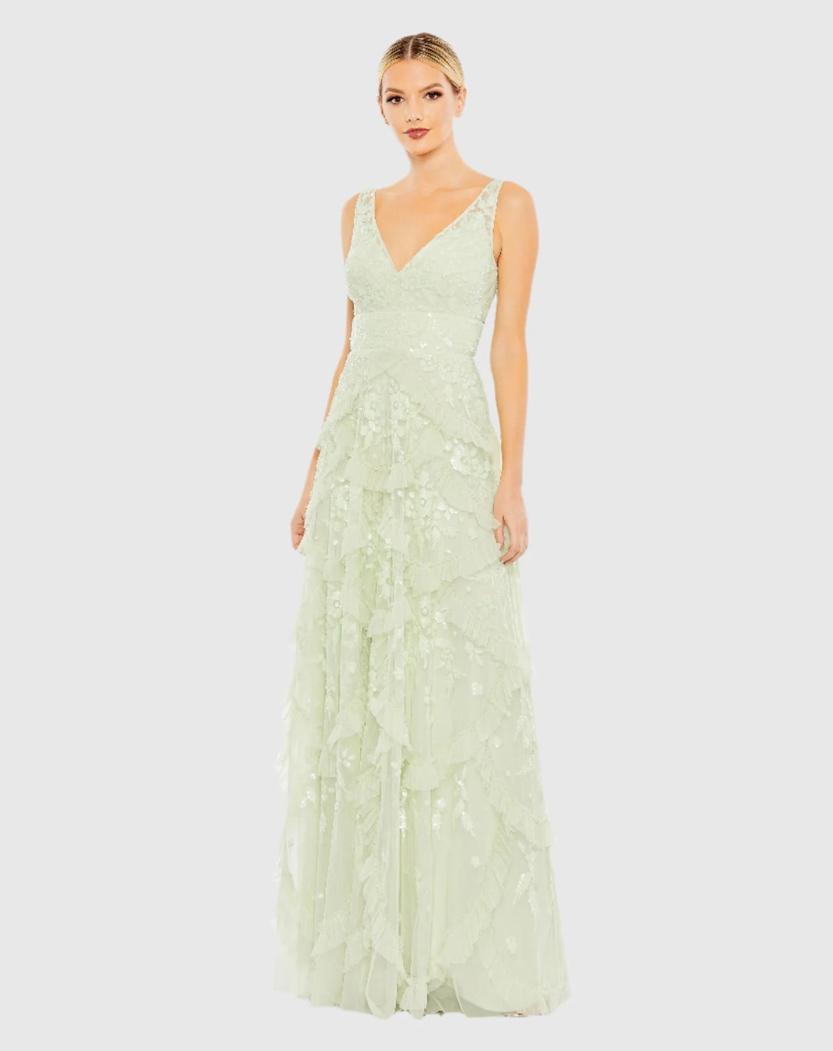 Mac Duggal Sequin ruffle tiered V neck gown - Sage #9162