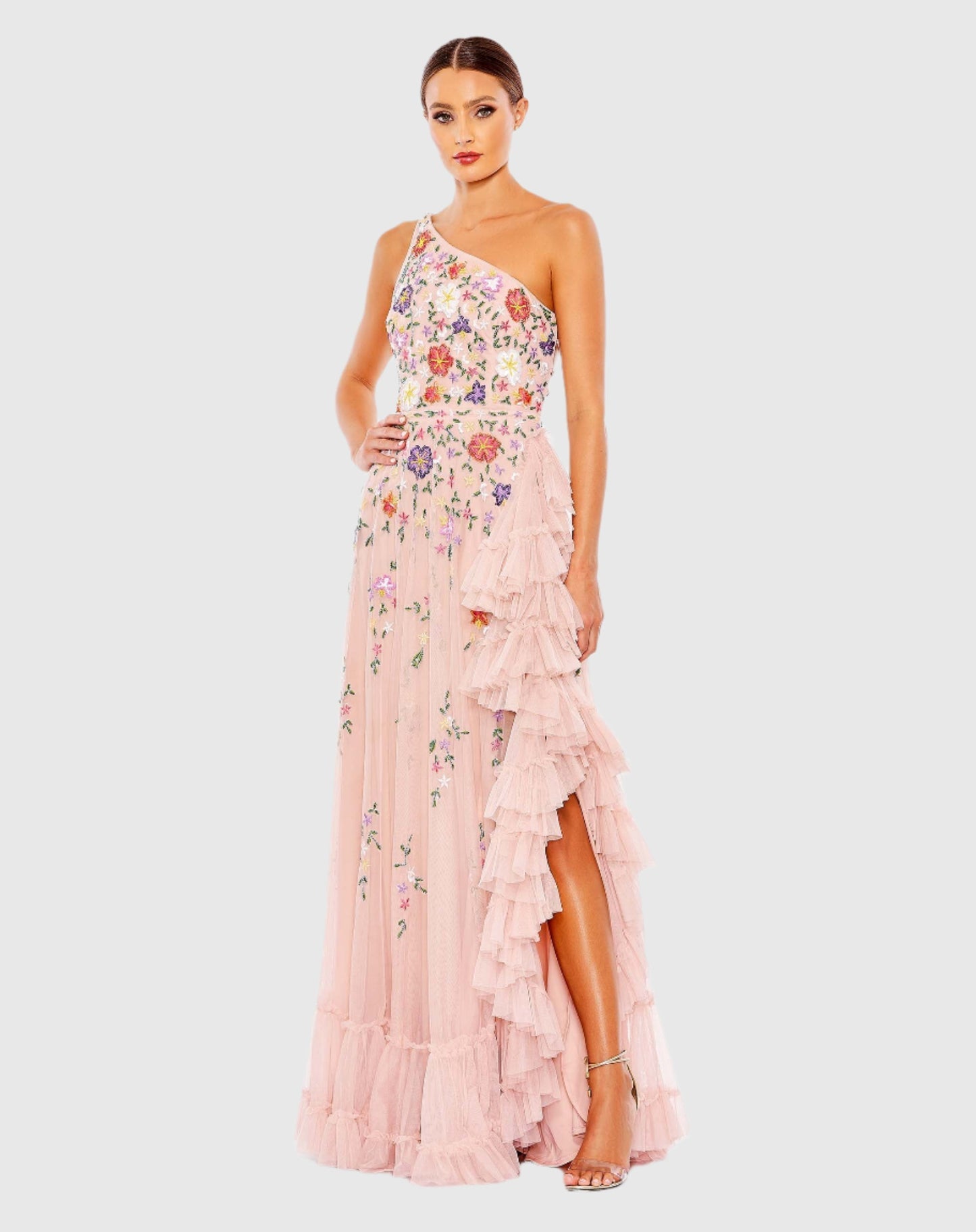 mac duggal lace-up asymmetrical side-slit embellished-hem dress Charmeuse Lace Detail Asymmetrical Hem Midi Dress (Women)