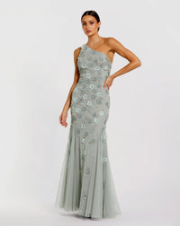 Mac Duggal #9168 Sage open back one shoulder embellished trumpet gown