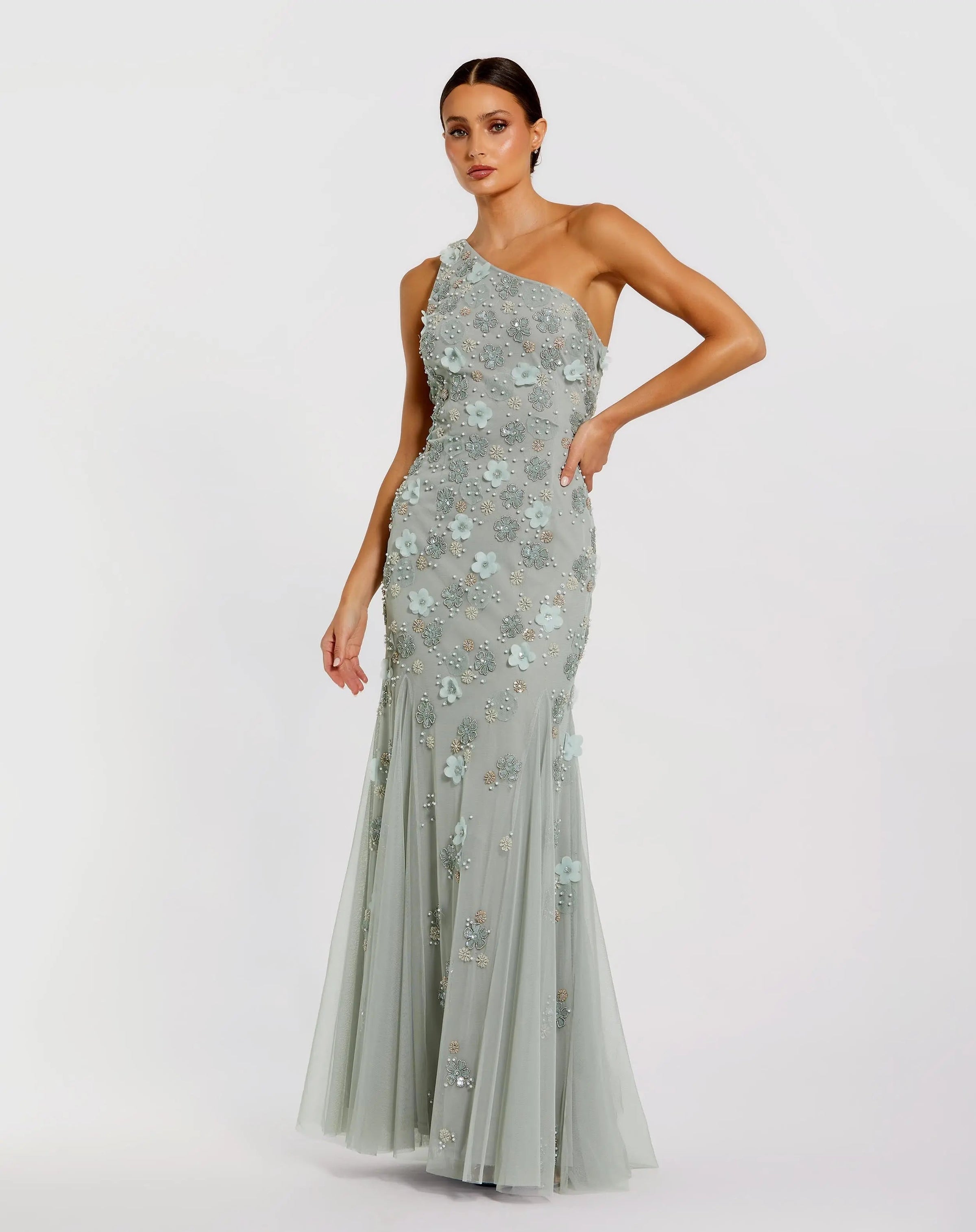 Mac Duggal #9168 Sage open back one shoulder embellished trumpet gown