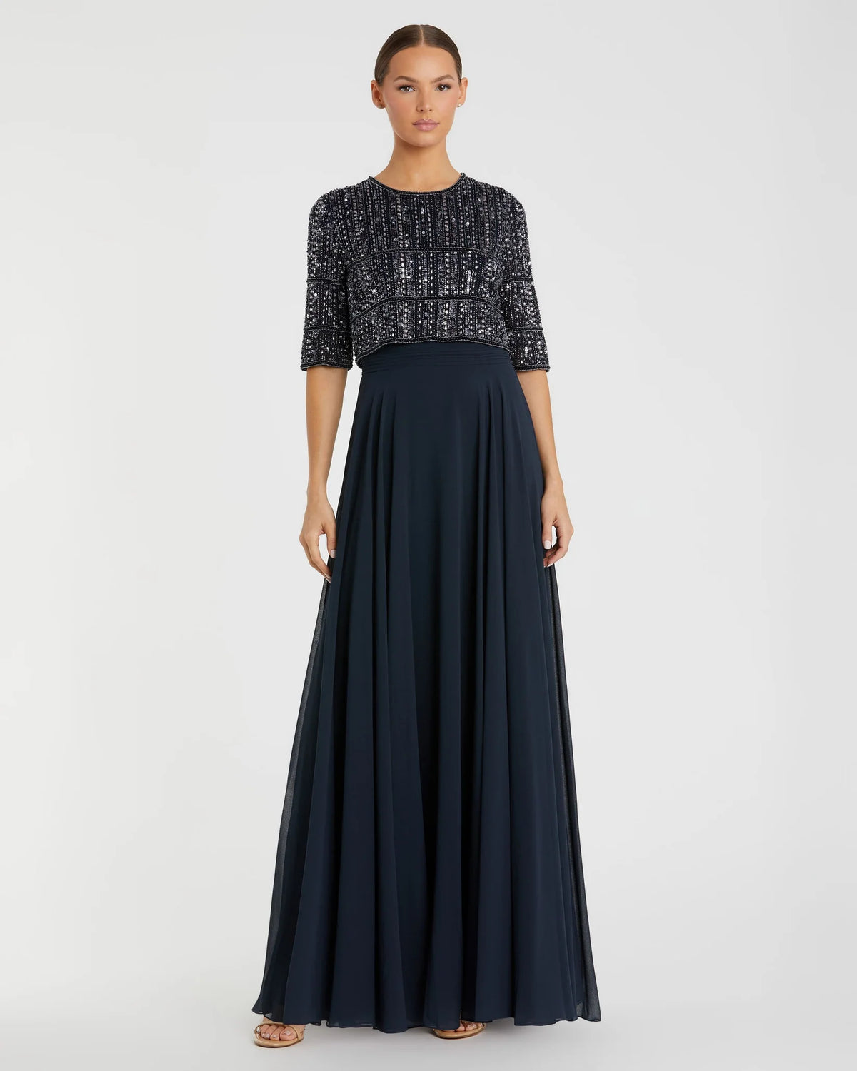 Mac Duggal Midnight Chiffon Gown w/ Fully Beaded 3/4 Sleeve Top #9180