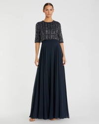 Mac Duggal Midnight Chiffon Gown w/ Fully Beaded 3/4 Sleeve Top #9180
