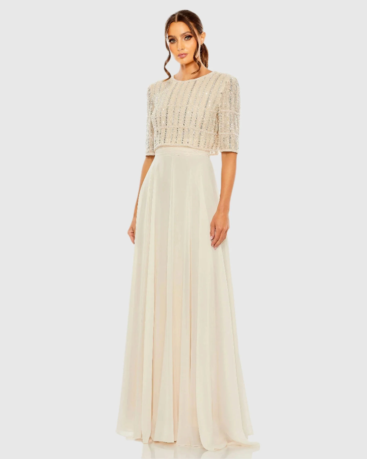 Mac Duggal Nude Chiffon Gown w/ Fully Beaded 3/4 Sleeve Top #9180