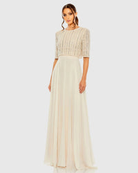Mac Duggal Nude Chiffon Gown w/ Fully Beaded 3/4 Sleeve Top #9180