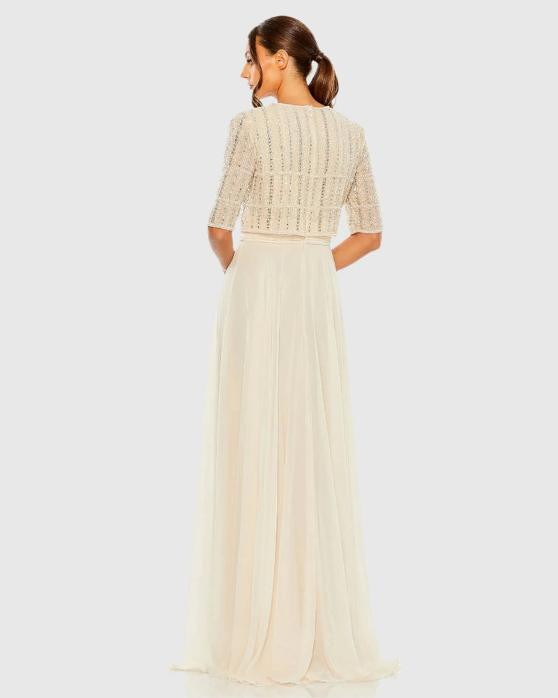 Chiffon Beaded Gown - Nude