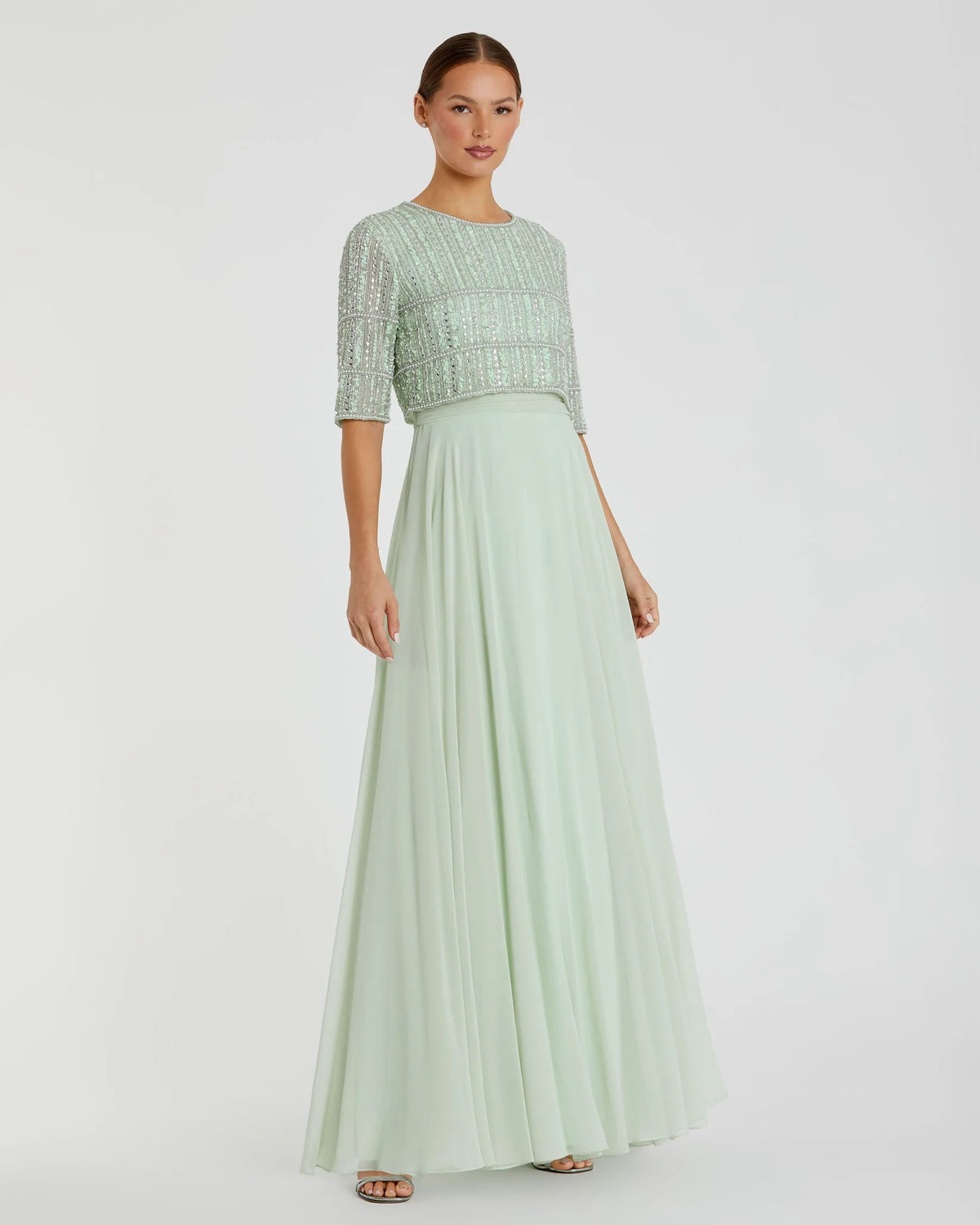 Mac Duggal Sage Green Chiffon Gown w/ Fully Beaded 3/4 Sleeve Top #9180