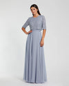 Mac Duggal  Blue Chiffon Gown w/ Fully Beaded 3/4 Sleeve Top #9180