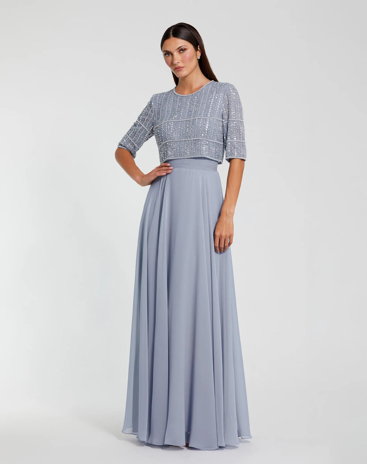 Mac Duggal  Blue Chiffon Gown w/ Fully Beaded 3/4 Sleeve Top #9180