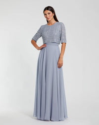 Mac Duggal  Blue Chiffon Gown w/ Fully Beaded 3/4 Sleeve Top #9180