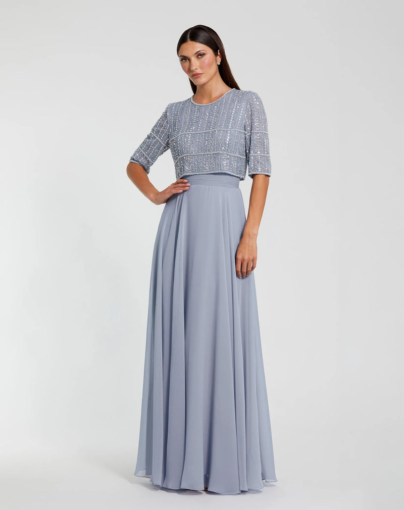 Mac Duggal  Blue Chiffon Gown w/ Fully Beaded 3/4 Sleeve Top #9180