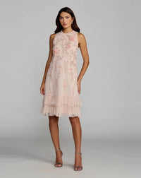 Mac Duggal 9188 Peach floral embellished ruffle tiered high neck dress - front