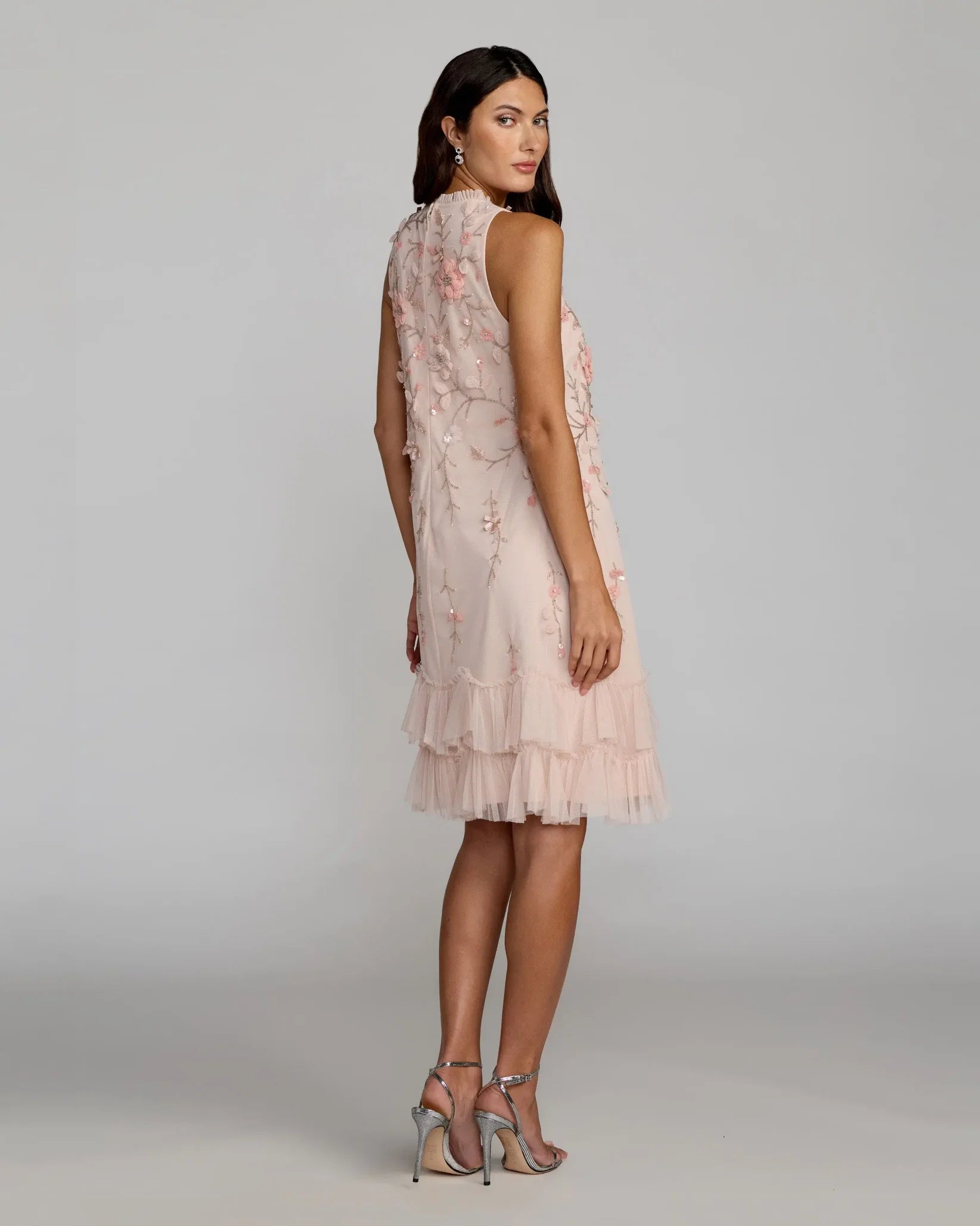 Mac Duggal 9188 Peach floral embellished ruffle tiered high neck dress - back