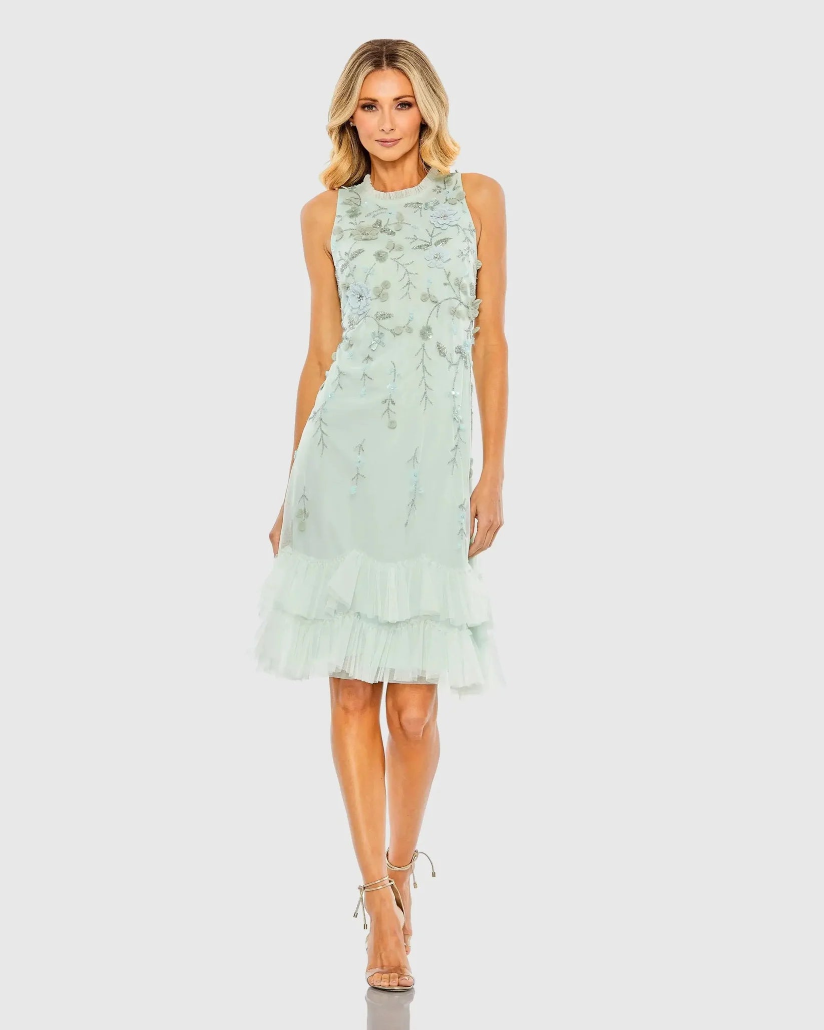Mac Duggal 9188 Seafoam floral embellished ruffle tiered high neck dress - front