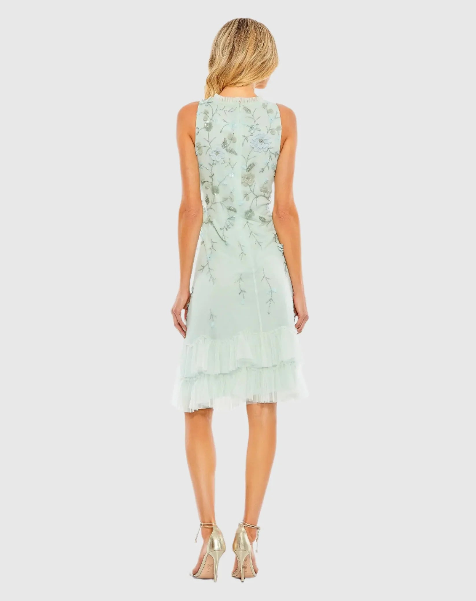 Mac Duggal 9188 Seafoam floral embellished ruffle tiered high neck dress - back