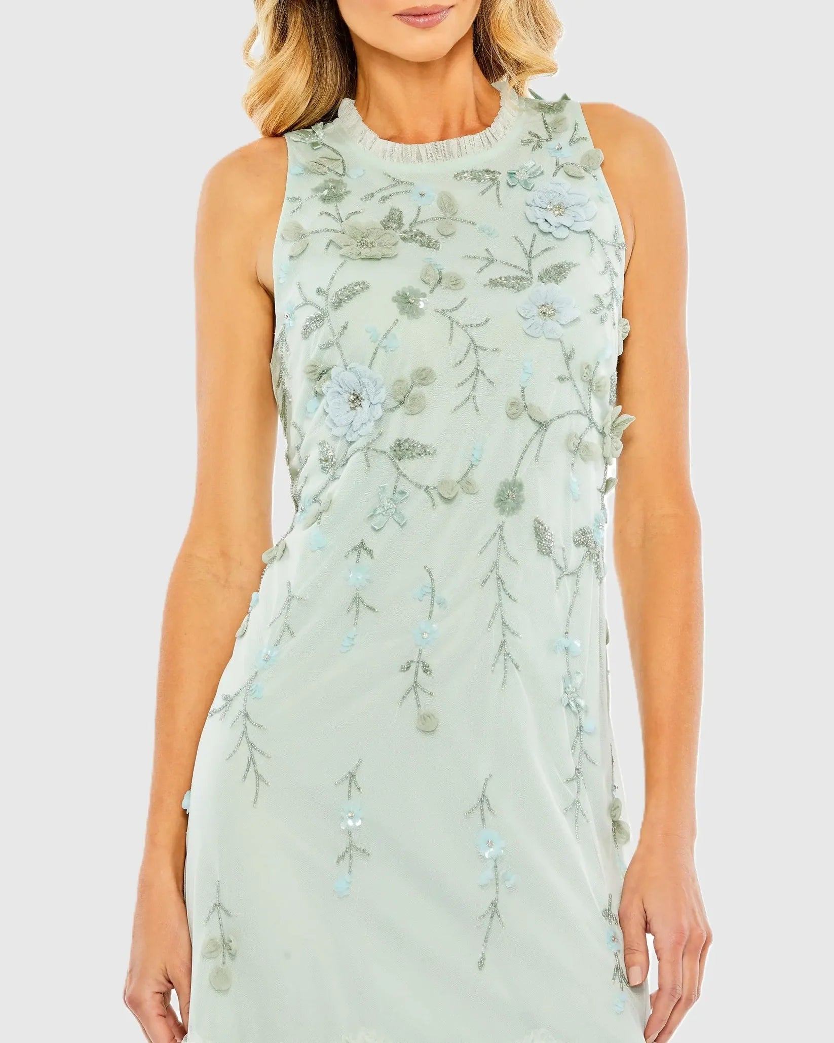 Mac Duggal 9188 Seafoam floral embellished ruffle tiered high neck dress - detail