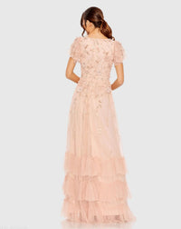 Pink Ruffle Tiered Embellished Faux Wrap Flutter Sleeve Gown - Back