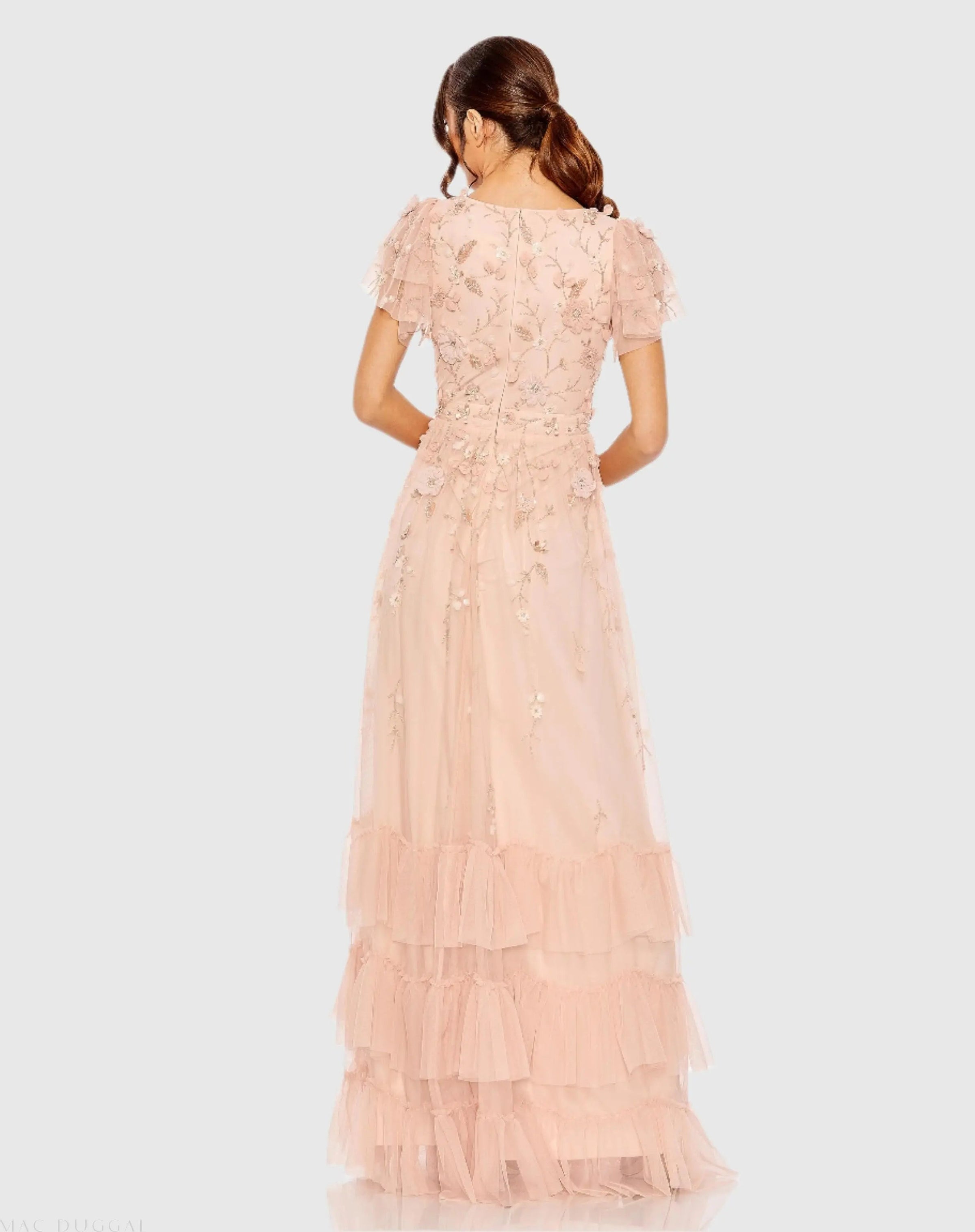 Pink Ruffle Tiered Embellished Faux Wrap Flutter Sleeve Gown - Back
