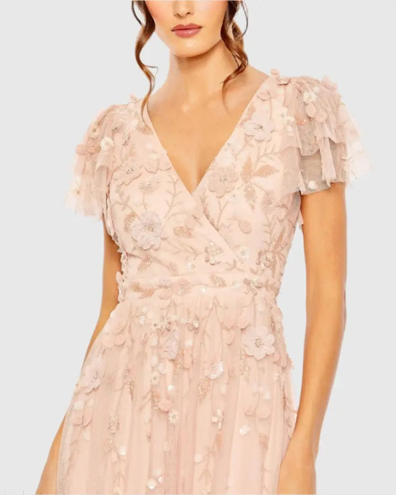 Pink Ruffle Tiered Embellished Faux Wrap Flutter Sleeve Gown - Close Up