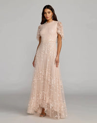 Mac Duggal #9192 Sequined High Neck Flutter Sleeve A Line Gown Blush 