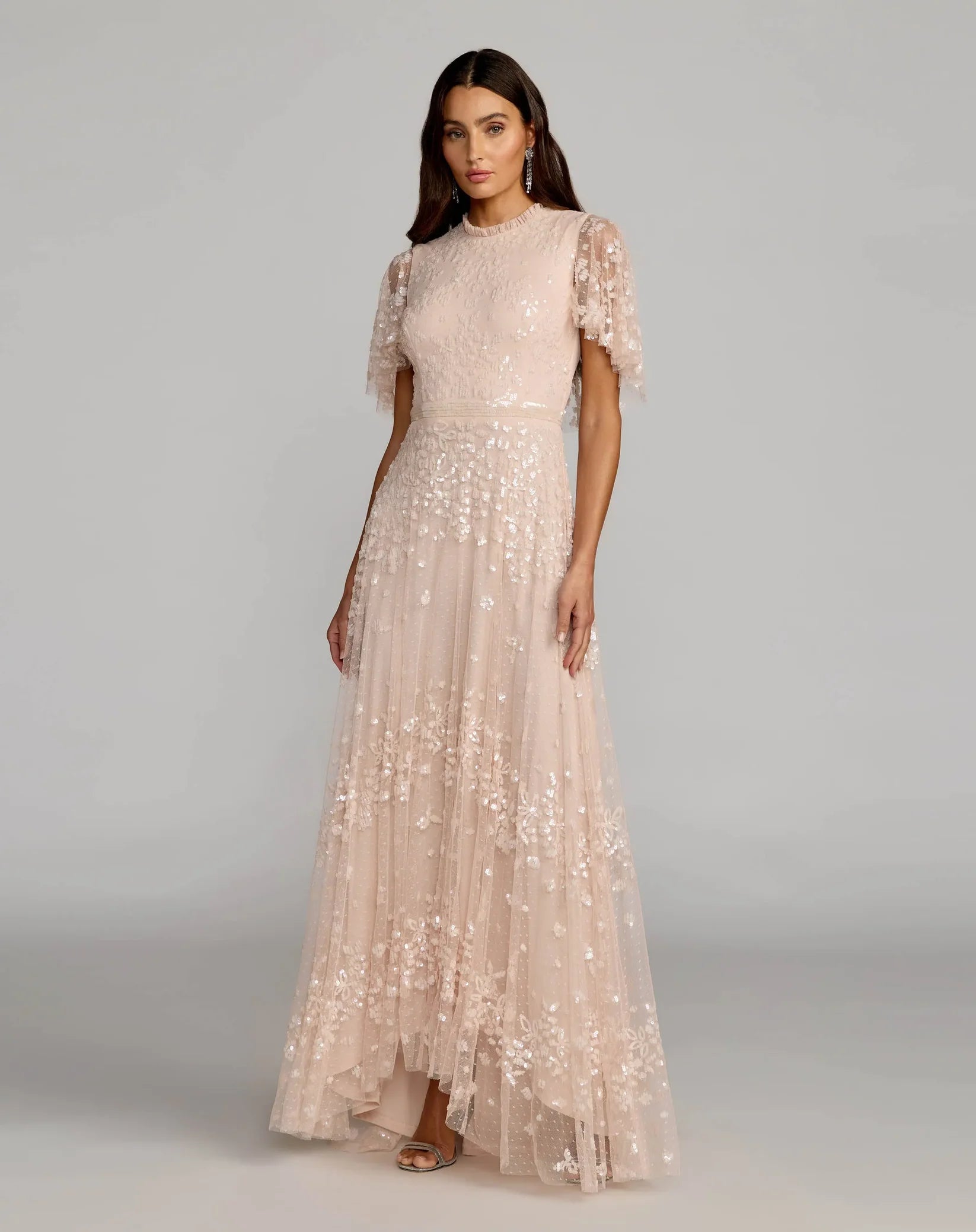 Mac Duggal #9192 Sequined High Neck Flutter Sleeve A Line Gown Blush 