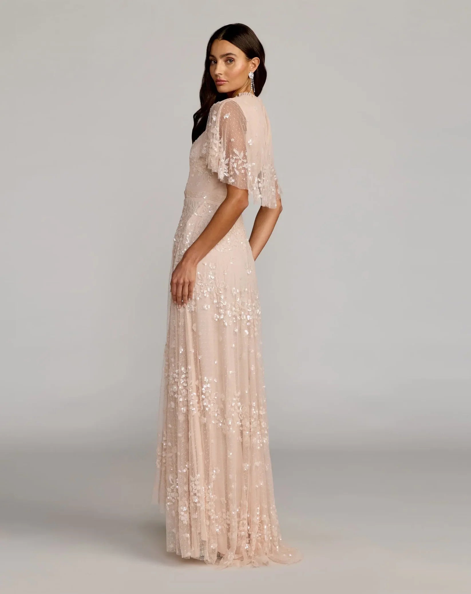 Mac Duggal #9192 Sequined High Neck Flutter Sleeve A Line Gown, Blush