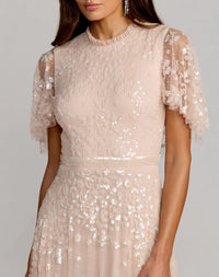 Mac Duggal #9192 Sequined High Neck Flutter Sleeve A Line Gown, Blush