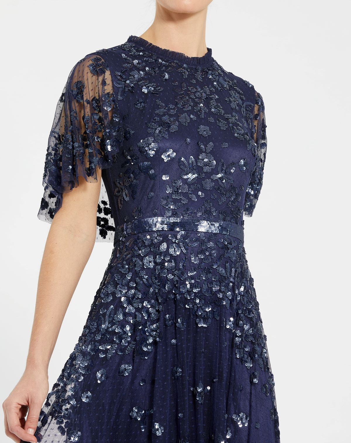 Sequined High Neck Flutter Sleeve A Line Gown - Midnight