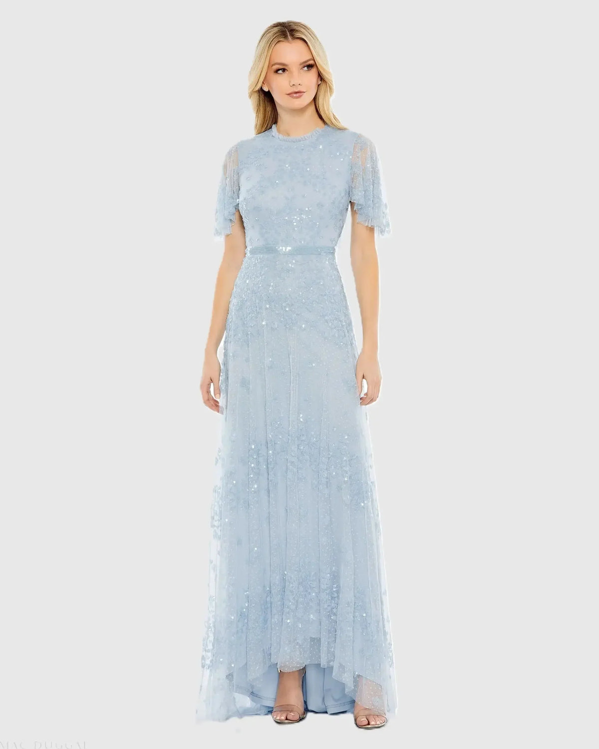 Mac Duggal #9192 Sequined High Neck Flutter Sleeve A Line Gown, Powder Blue