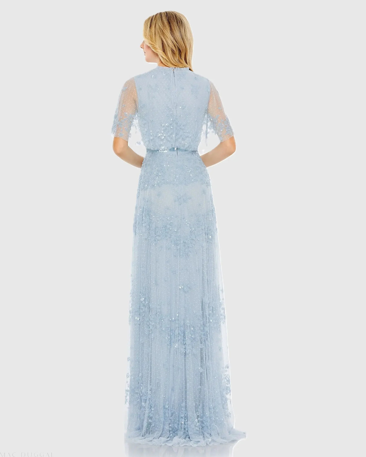 Sequined High Neck Flutter Sleeve A Line Gown - Midnight
