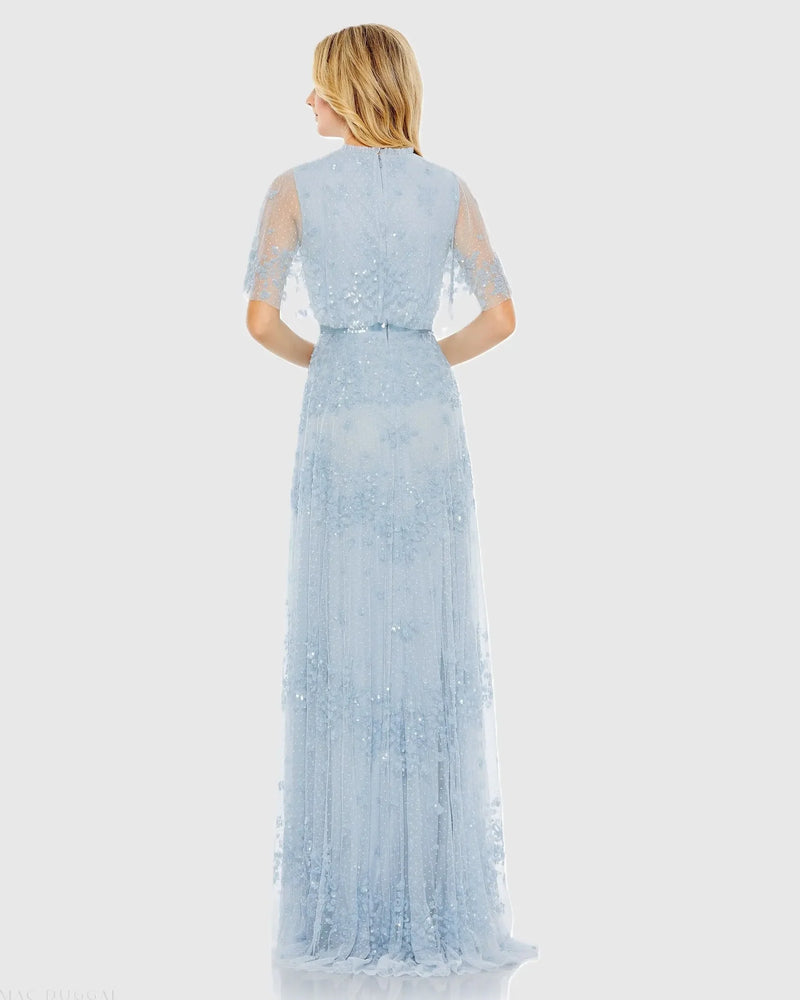 Sequined High Neck Flutter Sleeve A Line Gown - Powder Blue