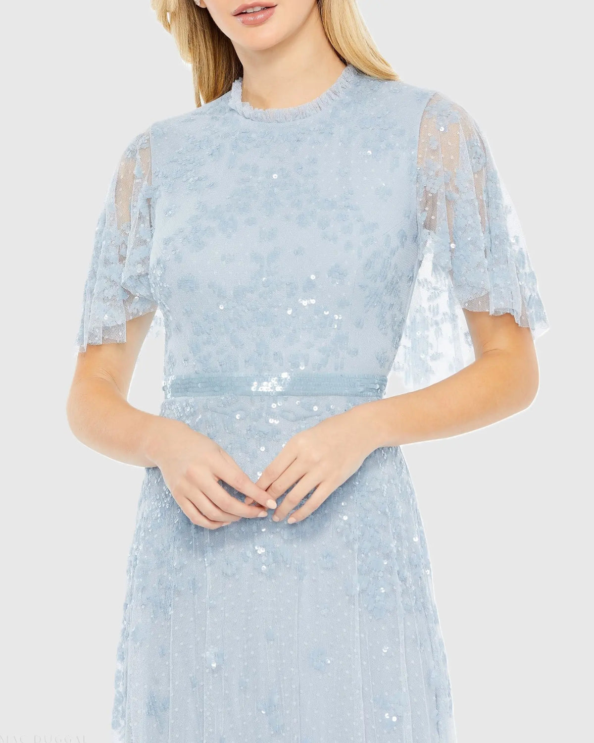 Sequined High Neck Flutter Sleeve A Line Gown - Powder Blue