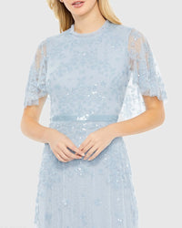 Sequined High Neck Flutter Sleeve A Line Gown - Powder Blue