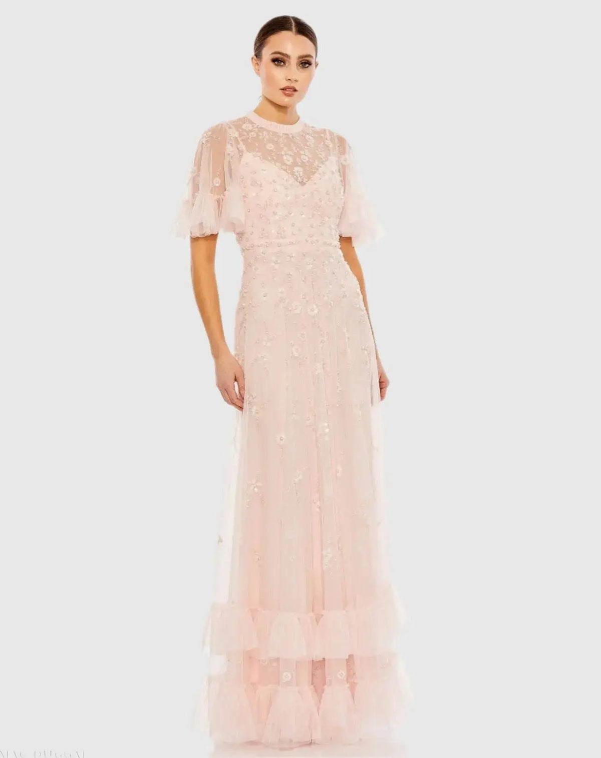 Light Pink Floral Embellished Flutter Sleeve A-Line Gown