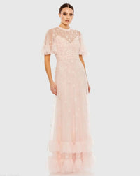 Light Pink Floral Embellished Flutter Sleeve A-Line Gown