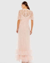 Light Pink Floral Embellished Flutter Sleeve A-Line Gown - Back
