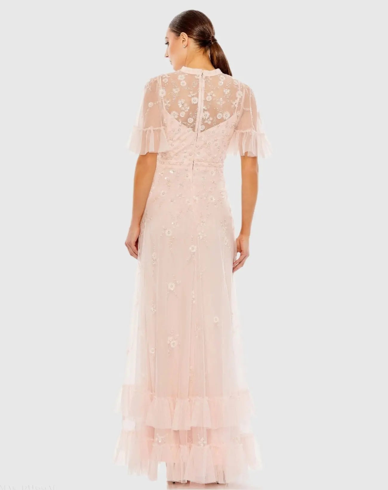 Light Pink Floral Embellished Flutter Sleeve A-Line Gown - Back