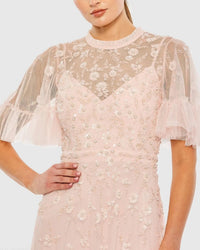 Light Pink Floral Embellished Flutter Sleeve A-Line Gown - Close Up