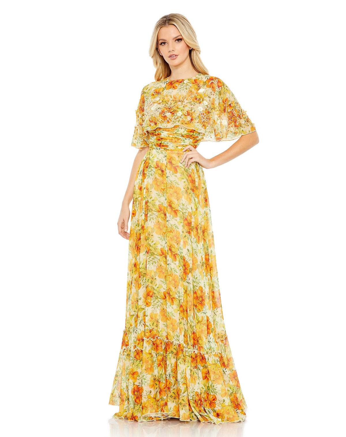 mac duggal, FLORAL PRINT HIGH NECK CAPE SLEEVE A LINE GOWN, yellow, modest dress, Style #9201