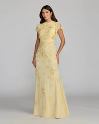 Mac Duggal #9206 Floral Embellished High Neck Flutter Sleeve Gown Butter