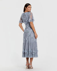 Powder Blue floral embellished short sleeve midi dress