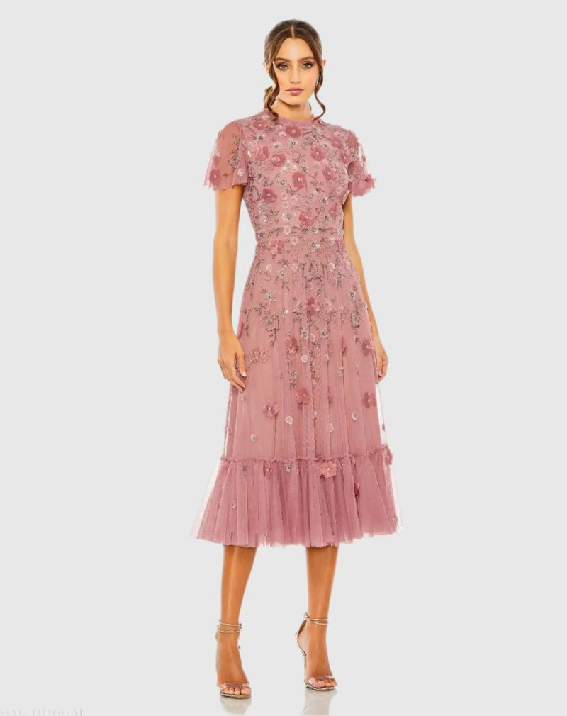 Mac Duggal Embellished High Neck Flutter Sleeve A Line Dress #9212 Berry