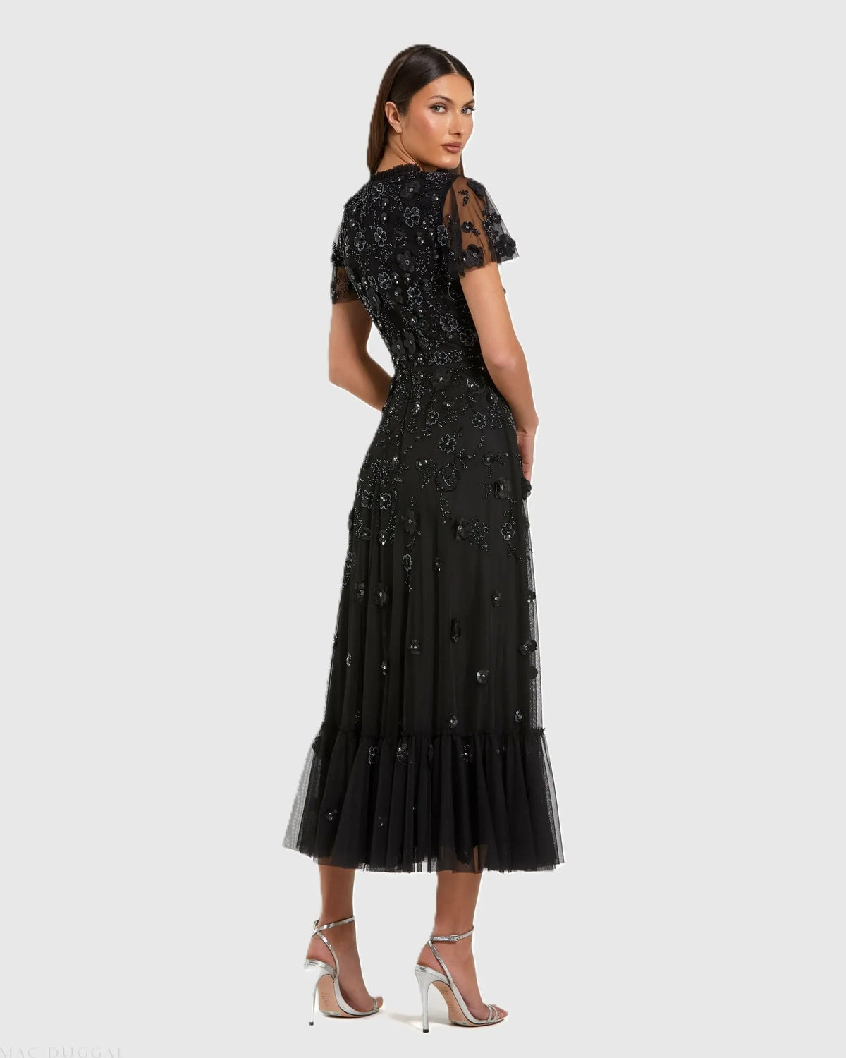 Mac Duggal Embellished High Neck Flutter Sleeve A Line Dress #9212 Black
