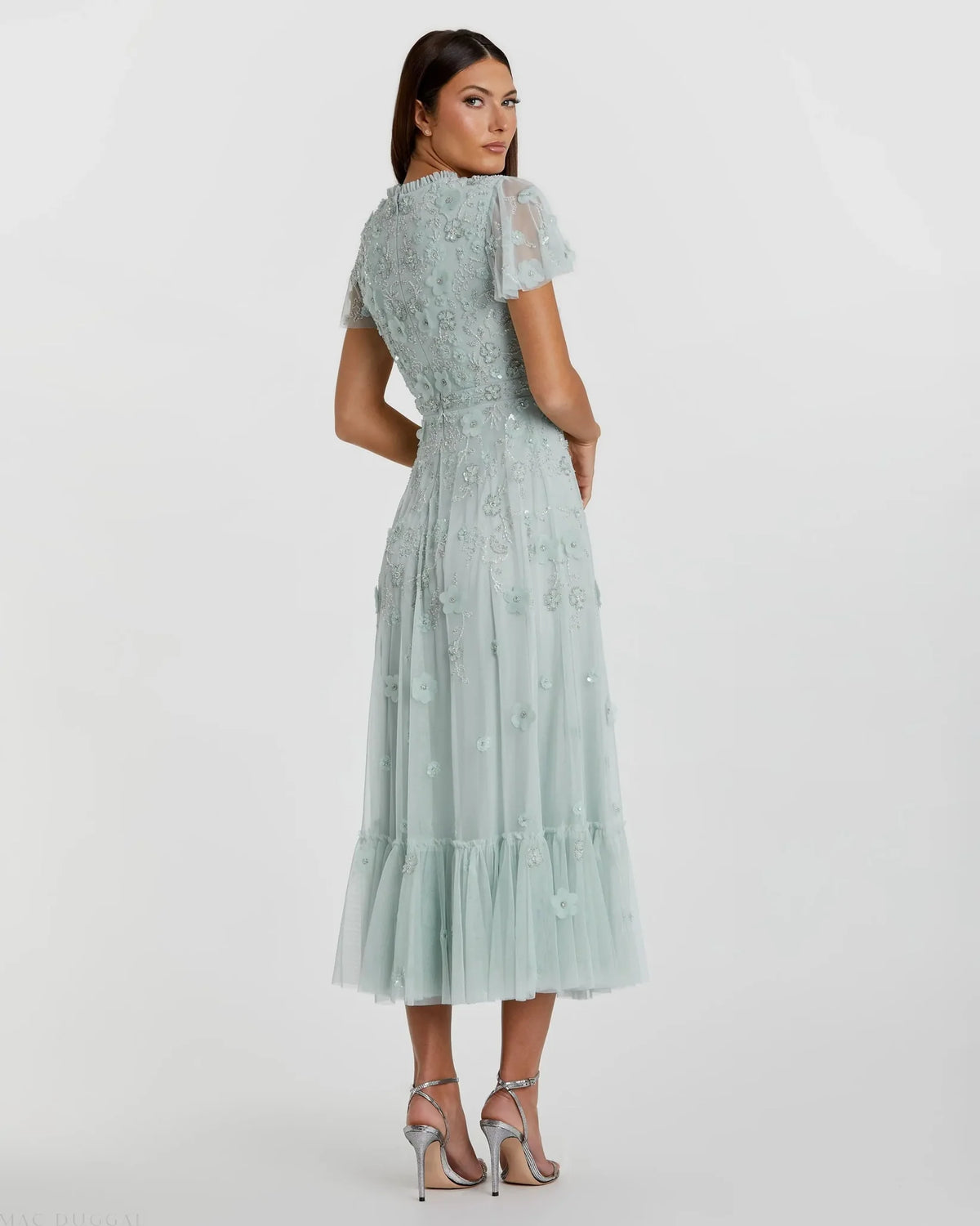 Mac Duggal Embellished High Neck Flutter Sleeve A Line Dress #9212 Powder Blue
