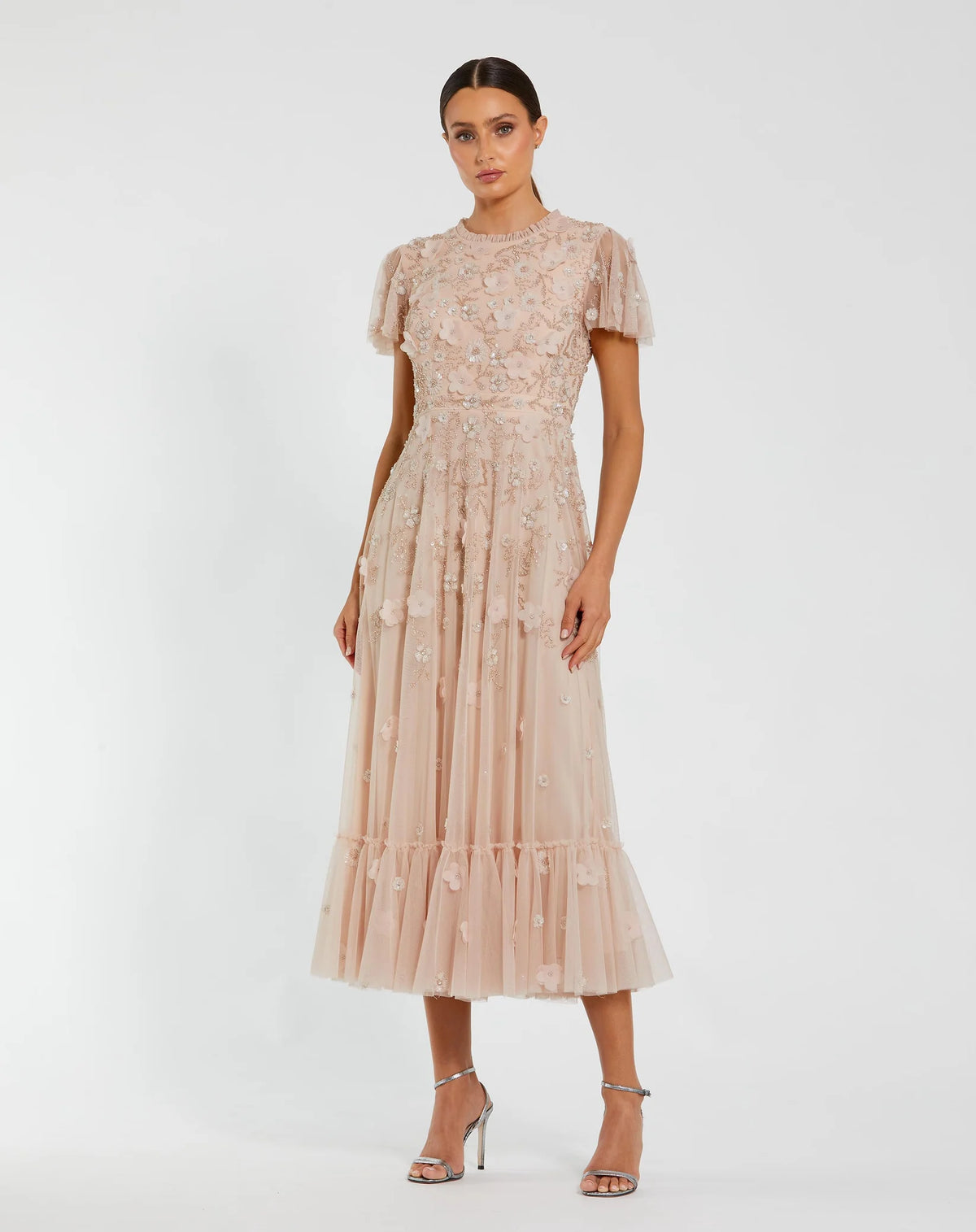 Mac Duggal Embellished High Neck Flutter Sleeve A Line Dress #9212 Blush