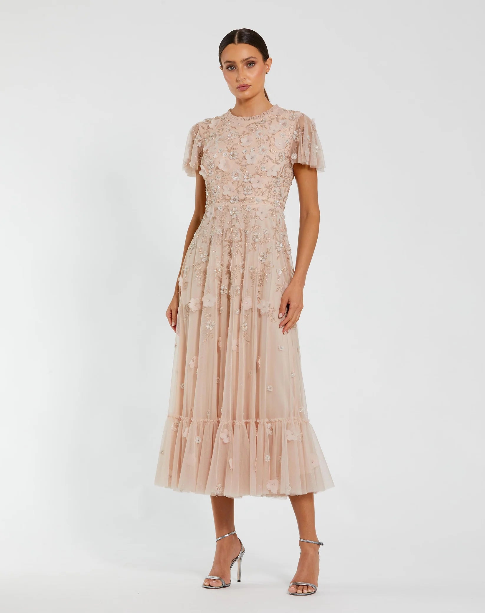 Mac Duggal Embellished High Neck Flutter Sleeve A Line Dress #9212 Blush