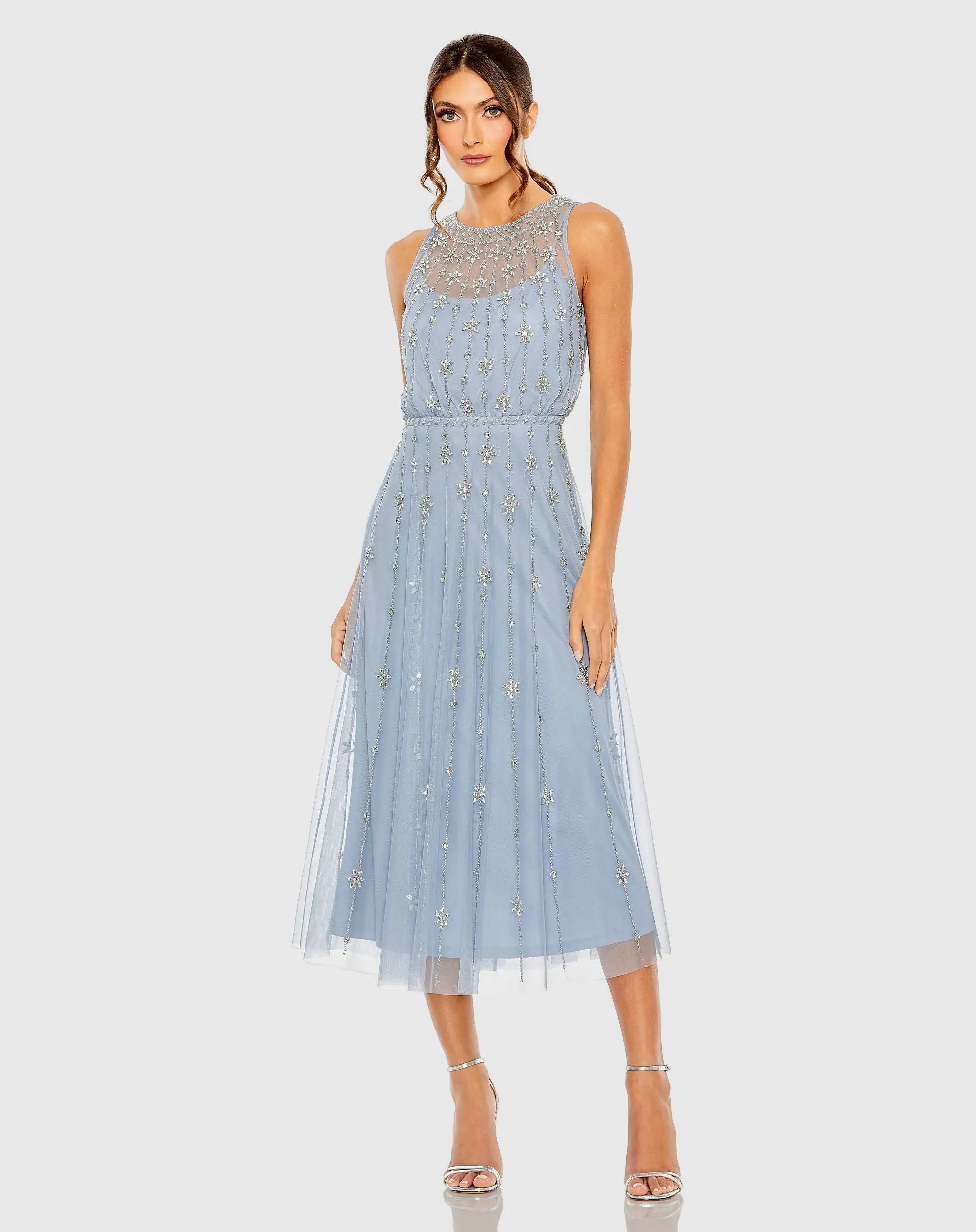 Mac Duggal #9222 powder blue high neck sleeveless embellished a line cocktail dress