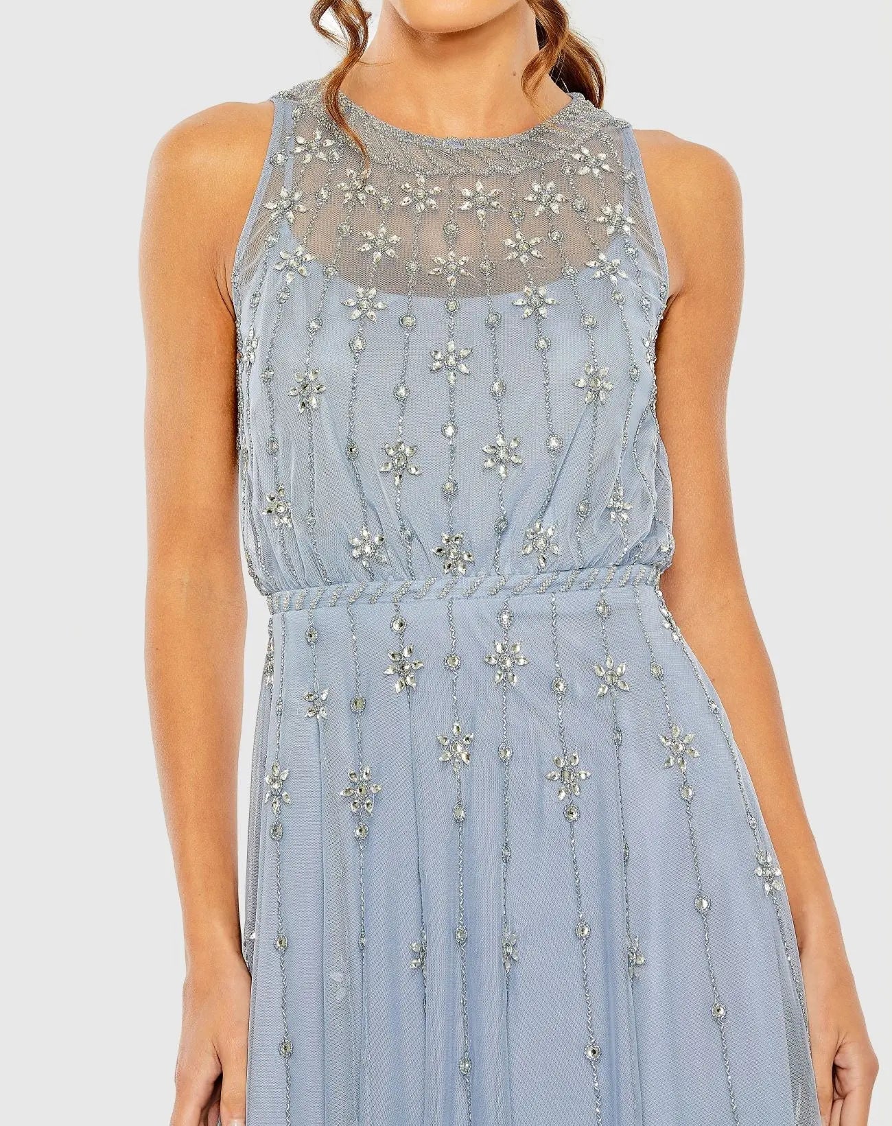 Mac Duggal #9222 powder blue high neck sleeveless embellished a line cocktail dress